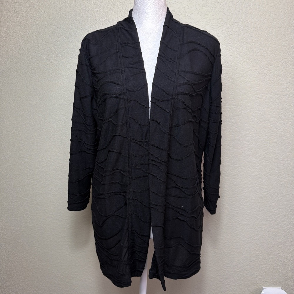 JM Collection Cardigan S Women Black Open Front Textured Wavy Ribbon Trim Jacket